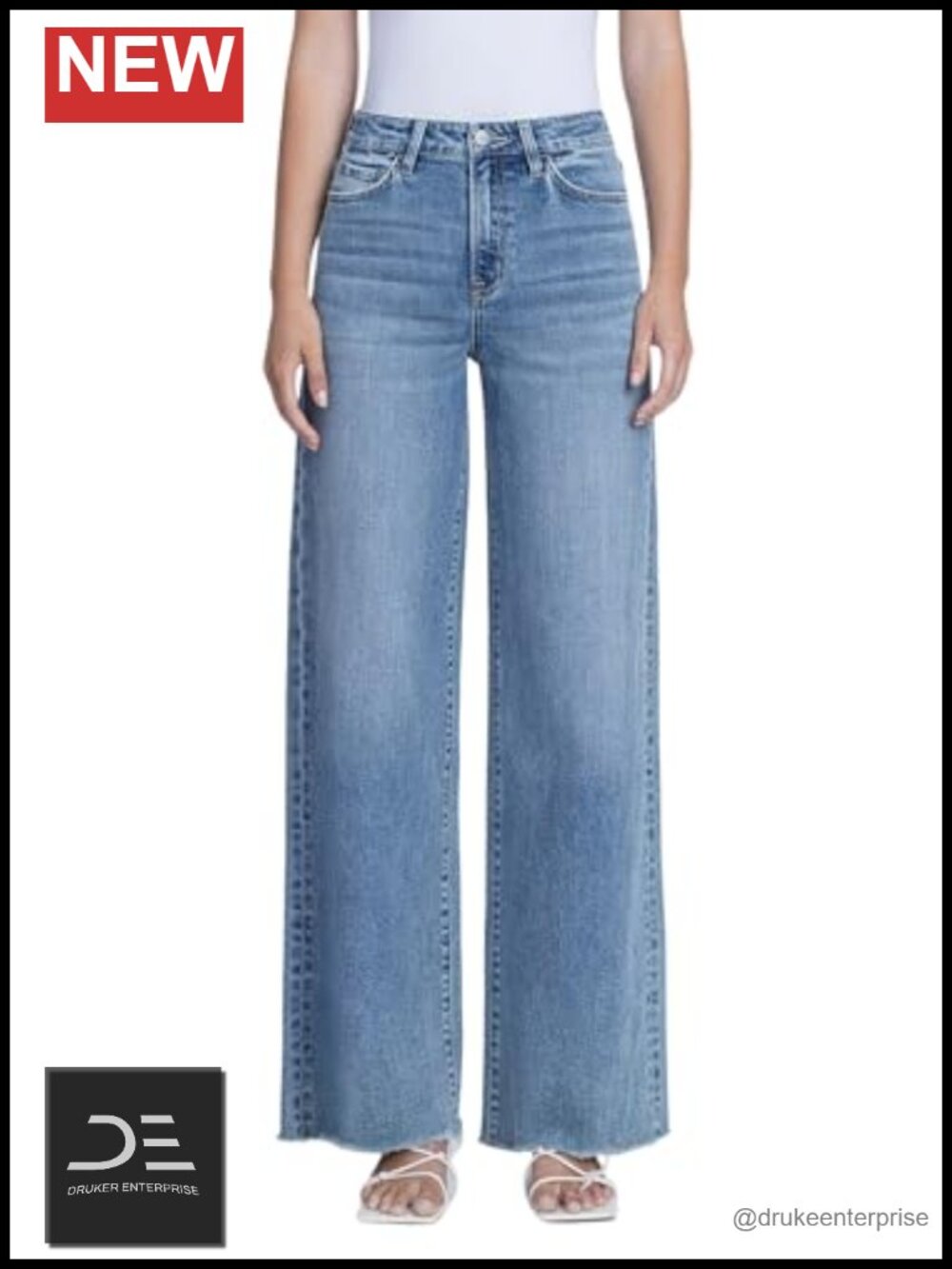 High Rise Wide Leg Jeans Comfort Stretch Denim Raw Hem Full Length Womens 32